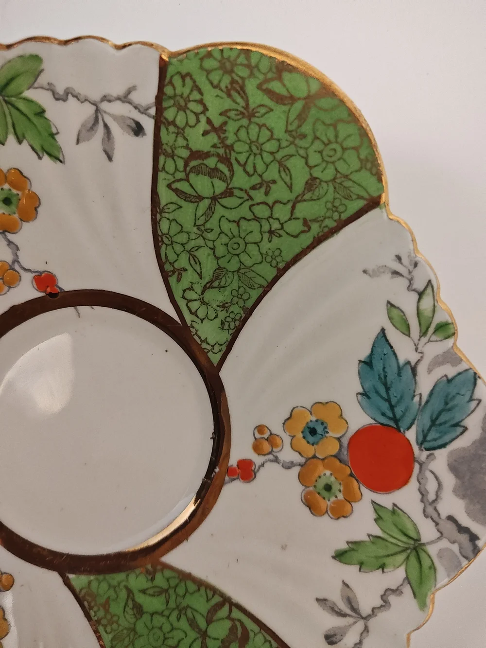 Decorative Green, Orange, & Gold Floral Porcelain Teacup & Saucer, c.1912-1959